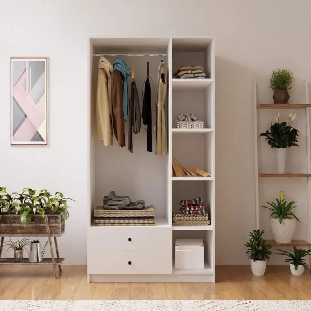 Dressing Penderie Ouvert Blanc – Étagères, Tringle et Tiroirs